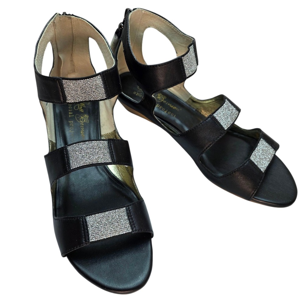 Matt Bernson The T-Strap Project‎ Sandals Black Leather Glitter Wedge 9M NEW